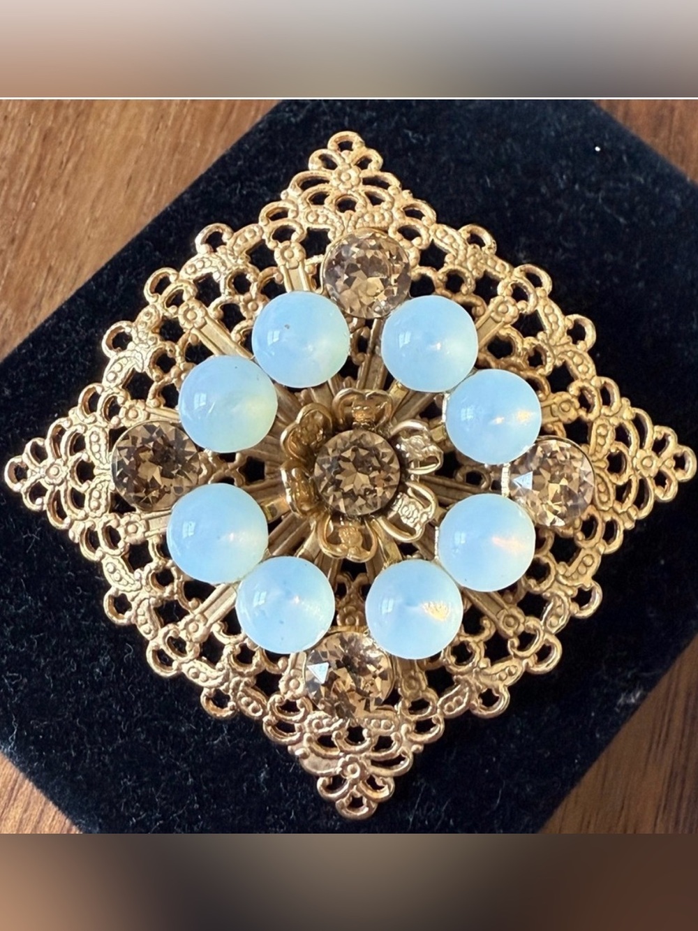 Vintage Filigree Moon Stone Gold Tone Rhinestone Brooch Pin